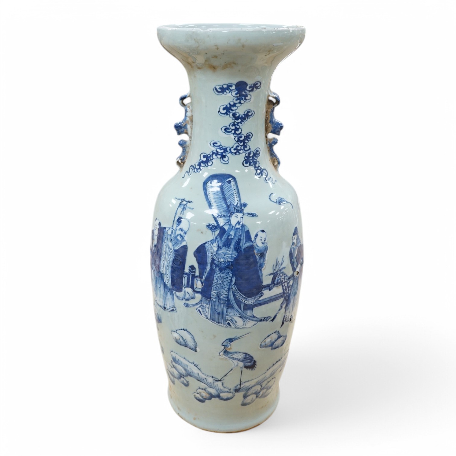 A large Chinese blue and white celadon ground vase, 19th century, painted with the three star gods, boys, a deer and a crane in a landscape in underglaze blue on white slip and a celadon ground, 60.5cm high, Condition -